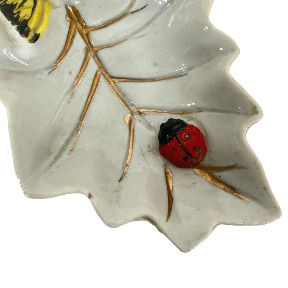 Teabag Holder Trinket Dish Ceramic White Butterfly Ladybug Leaf Japan Small